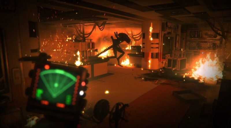 An alien walking through a burning laboratory