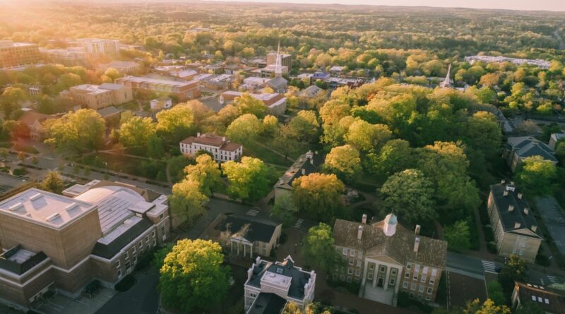 An aerial view of UNC in Chapel Hill in the spring